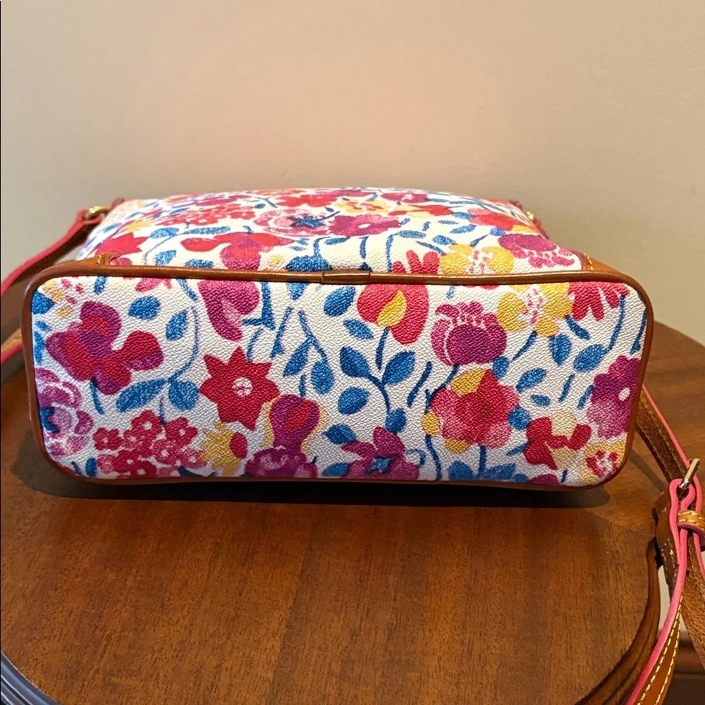 Dooney & Bourke Pink & Red Floral Crossbody Bag/tan leather trim S-M size EUC